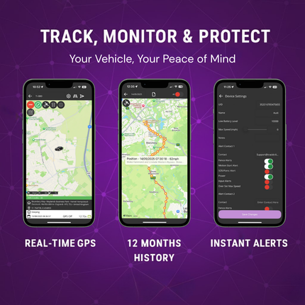 Three smartphone screens displaying GPS tracking app features on a purple background.